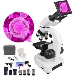 20000X Composite Microscope, with 5.0 Inch Screen/Microscope Slides Set/Mobile Phone Holder, Dual LED Lighting, for School Teaching/Science Experiment