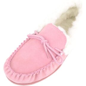 SNUGRUGS Womens Dark Brown Wool Lined Moccasin Slippers with Rubber Sole.