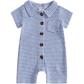 Baby Boy Stripe Romper Waffle Knit Short Sleeve Lapel Button Down Jumpsuit Bodysuit Newborn Summer Outfits