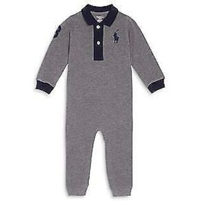 Ralph Lauren Baby Boys Infant Big Pony Mesh Polo Coverall (Grey, 6 Months)