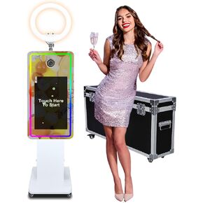 كشك صور المرآة مع شاشة تعمل باللمس 32 بوصة ، تشمل آلة كاميرا صورة صور فوتوبوث LED RGB Light & Flight Case لأحداث التخرج عيد ميلاد الزفاف (كشك الصور + الطابعة + الكاميرا)