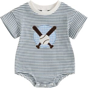 Newborn Baby Boy Girl Clothes Embroidery Stripe Bubble Romper Short Sleeve Waffle Bodysuit Tops Summer Outfit