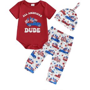4th of July Baby Boy Clothes All American Dude Letter Print Short Sleeve Romper Car Pants Set Hat 3Pcs Summer Outfit