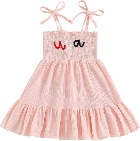 Toddler 4th of July Outfit Girl Sleeveless Lace Up Shoulder Letter Embroidery Ruched Dress Girls Summer Dresses in Saudi Arabia