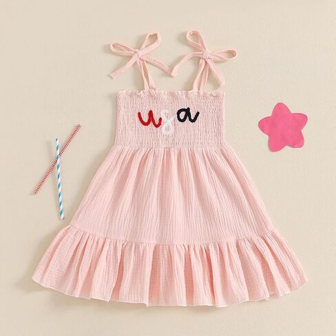 Toddler 4th of July Outfit Girl Sleeveless Lace Up Shoulder Letter Embroidery Ruched Dress Girls Summer Dresses in Saudi Arabia