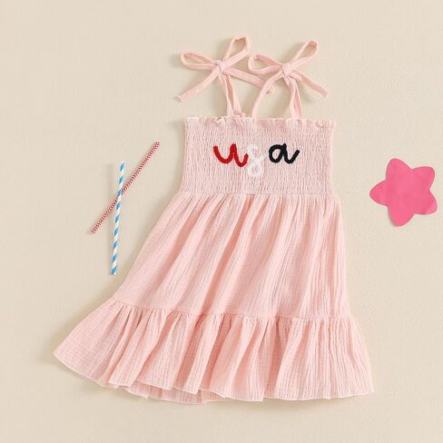 Toddler 4th of July Outfit Girl Sleeveless Lace Up Shoulder Letter Embroidery Ruched Dress Girls Summer Dresses in Saudi Arabia