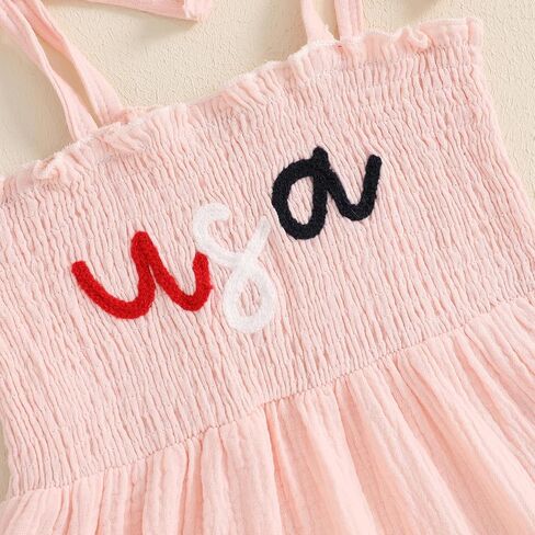 Toddler 4th of July Outfit Girl Sleeveless Lace Up Shoulder Letter Embroidery Ruched Dress Girls Summer Dresses in Saudi Arabia