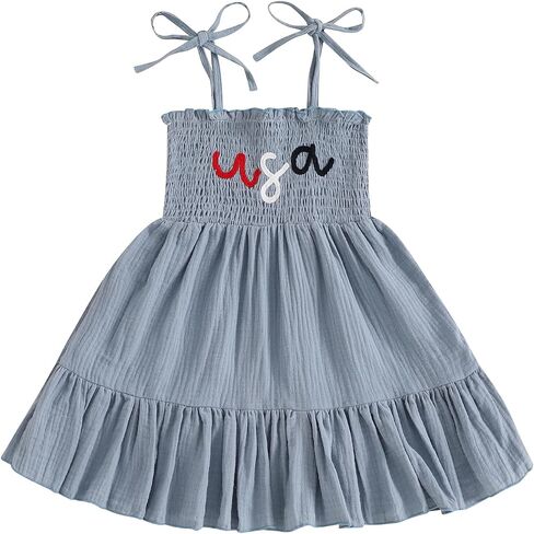 Toddler 4th of July Outfit Girl Sleeveless Lace Up Shoulder Letter Embroidery Ruched Dress Girls Summer Dresses in Saudi Arabia