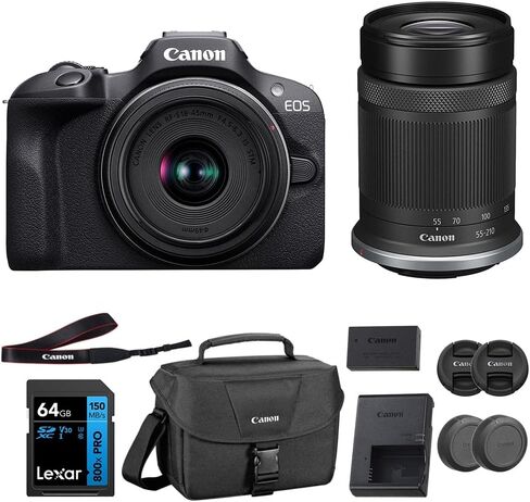 كاميرا Canon EOS R100 بدون مرآة مع عدسة مقاس 18-45 مم و75-300 مم f/4-5.6 مزودة ببطاقة ذاكرة وحقيبة كاميرا سعة 64 جيجابايت (3 قطع) in Kuwait