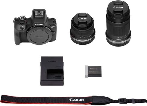 كاميرا Canon EOS R100 بدون مرآة مع عدسة مقاس 18-45 مم و75-300 مم f/4-5.6 مزودة ببطاقة ذاكرة وحقيبة كاميرا سعة 64 جيجابايت (3 قطع) in Kuwait