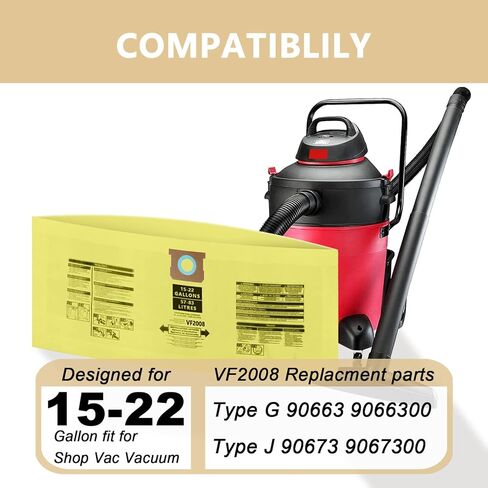 6 Pack 90673 Type G and J Vacuum Bags Compatible for Shop Vac 15-22 Gallon Vacuum, High Efficiency Dust Disposable Collection Filter Bag Part 90663 90673 9066300 9067300 VF2008 in Kuwait