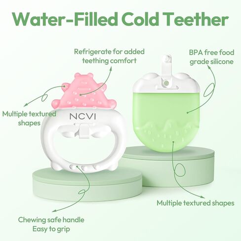NCVI Freezable Baby Silicone Teething Toys – Cooling Relief for Babies 0-12 Months, BPA-Free, Water-Filled & Ice Teething Toys, Safe & Effective Cold Teethers for Soothing Sore Gums, Pink & Green in Saudi Arabia