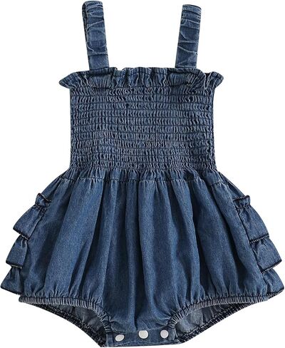 BULINGNA Newborn Baby Girl Outfits Sleeveless Bow Tie Up Front Smocked Bubble Romper Infant Denim Jumpsuit in Kuwait
