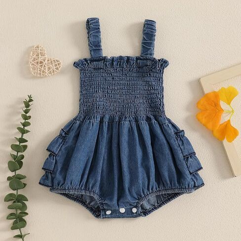 BULINGNA Newborn Baby Girl Outfits Sleeveless Bow Tie Up Front Smocked Bubble Romper Infant Denim Jumpsuit in Kuwait