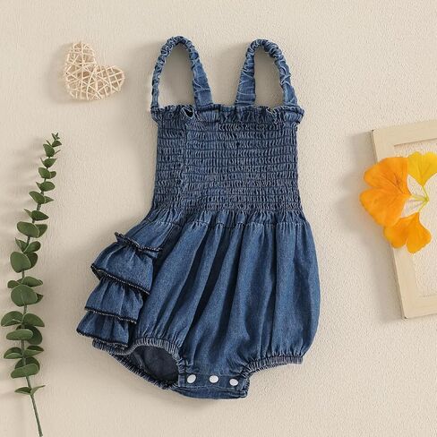 BULINGNA Newborn Baby Girl Outfits Sleeveless Bow Tie Up Front Smocked Bubble Romper Infant Denim Jumpsuit in Kuwait