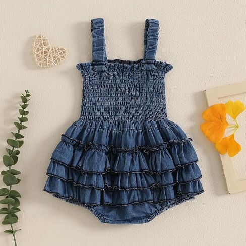 BULINGNA Newborn Baby Girl Outfits Sleeveless Bow Tie Up Front Smocked Bubble Romper Infant Denim Jumpsuit in Kuwait