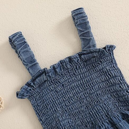BULINGNA Newborn Baby Girl Outfits Sleeveless Bow Tie Up Front Smocked Bubble Romper Infant Denim Jumpsuit in Kuwait