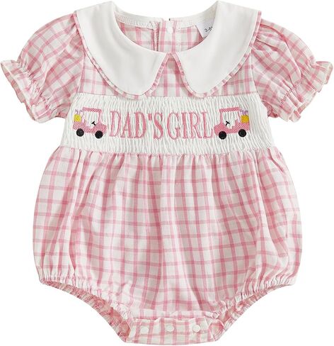 Bonangber Newborn Baby Girl Summer Clothes Letter Lapel Collar Plaid Romper Smocked Bodysuit Cute Mothers/Fathers Day Outfit in Saudi Arabia
