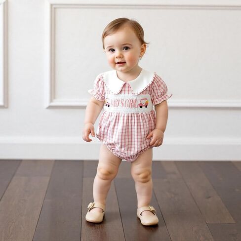 Bonangber Newborn Baby Girl Summer Clothes Letter Lapel Collar Plaid Romper Smocked Bodysuit Cute Mothers/Fathers Day Outfit in Saudi Arabia