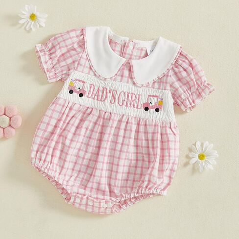 Bonangber Newborn Baby Girl Summer Clothes Letter Lapel Collar Plaid Romper Smocked Bodysuit Cute Mothers/Fathers Day Outfit in Saudi Arabia