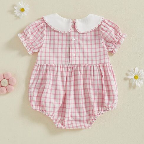 Bonangber Newborn Baby Girl Summer Clothes Letter Lapel Collar Plaid Romper Smocked Bodysuit Cute Mothers/Fathers Day Outfit in Saudi Arabia