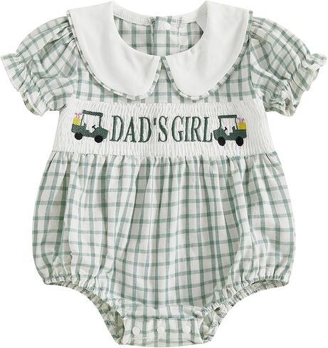 Bonangber Newborn Baby Girl Summer Clothes Letter Lapel Collar Plaid Romper Smocked Bodysuit Cute Mothers/Fathers Day Outfit in Saudi Arabia