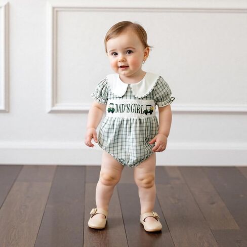 Bonangber Newborn Baby Girl Summer Clothes Letter Lapel Collar Plaid Romper Smocked Bodysuit Cute Mothers/Fathers Day Outfit in Saudi Arabia