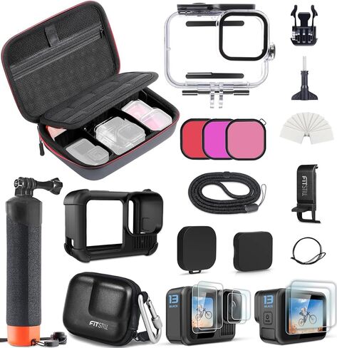 تشمل حالة الحماية في FitStill 60 مترًا/196 قدمًا تحت الماء مقاوم للماء ، ومرشحات الغوص و Silicone Case & Screen Protector و Monopod العائم غطس فقط Fit Go Pro Hero 13 Black Accessory Kit in Kuwait