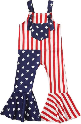 Toddler Baby Girl 4th of July Outfits American Flag Romper Bell Bottoms Star Striped Overall Jumpsuit Summer Clothes in Kuwait