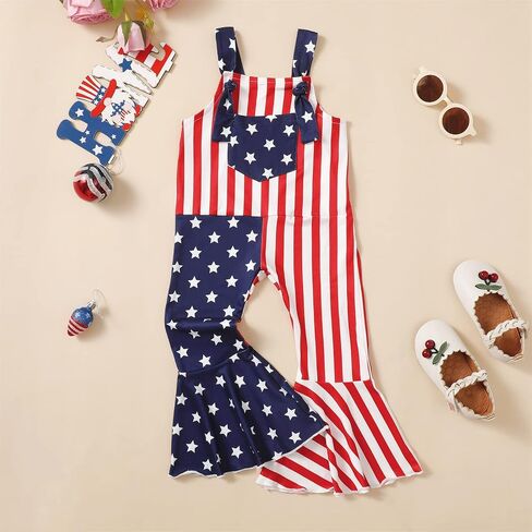 Toddler Baby Girl 4th of July Outfits American Flag Romper Bell Bottoms Star Striped Overall Jumpsuit Summer Clothes in Kuwait