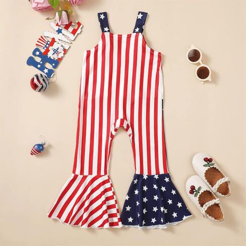 Toddler Baby Girl 4th of July Outfits American Flag Romper Bell Bottoms Star Striped Overall Jumpsuit Summer Clothes in Kuwait