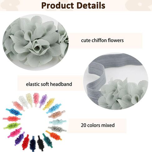 20PCS Baby Girls Headbands Chiffon Flower With Elastic Band Hair Accessories For Infants Newborn Toddler Kids Photography Props Gifts in Saudi Arabia