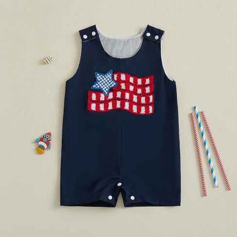 Rtnnsbbfcm Newborn Baby Boy 4th Of July Outfit Sleeveless Letter American Flag Embroidery Plaid Romper Jumpsuit in Saudi Arabia