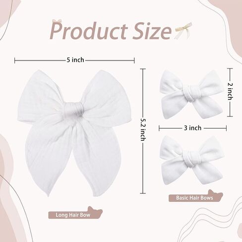 5-Inch Fable Hair Bow Clip Set with 2pcs 3-Inch Boutique Hair Clips for Girls –Handmade Linen Cotton & Matte Ribbon Hair Accessories for Toddlers & Kids（White) in Saudi Arabia