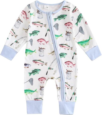 Newborn Baby Girl Boy Fishing Outfit Fish Print Long Sleeve Romper Zipper Jumpsuit Infant Coming Home Clothes in Saudi Arabia