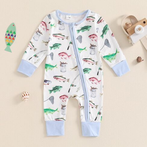 Newborn Baby Girl Boy Fishing Outfit Fish Print Long Sleeve Romper Zipper Jumpsuit Infant Coming Home Clothes in Saudi Arabia
