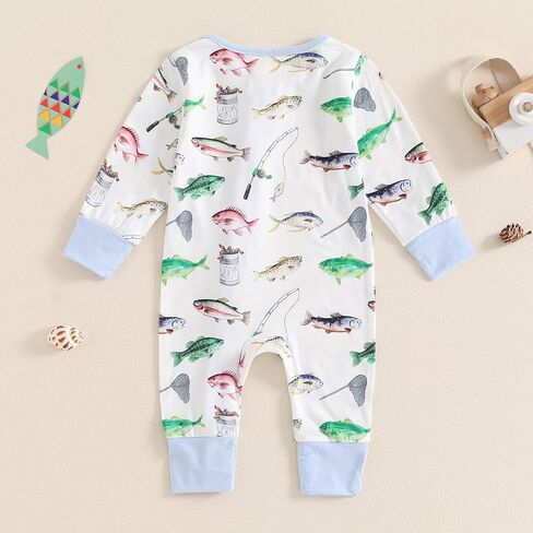 Newborn Baby Girl Boy Fishing Outfit Fish Print Long Sleeve Romper Zipper Jumpsuit Infant Coming Home Clothes in Saudi Arabia