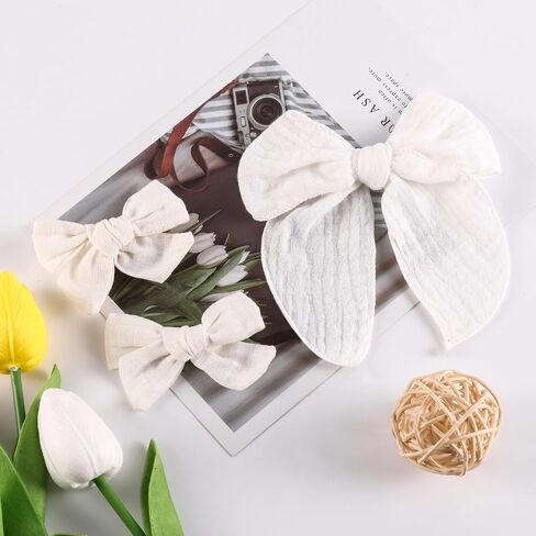 5-Inch Fable Hair Bow Clip Set with 2pcs 3-Inch Boutique Hair Clips for Girls –Handmade Linen Cotton & Matte Ribbon Hair Accessories for Toddlers & Kids（White) in Saudi Arabia
