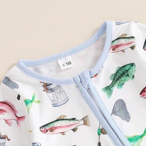 Newborn Baby Girl Boy Fishing Outfit Fish Print Long Sleeve Romper Zipper Jumpsuit Infant Coming Home Clothes in Saudi Arabia
