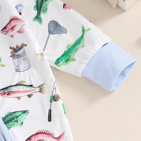 Newborn Baby Girl Boy Fishing Outfit Fish Print Long Sleeve Romper Zipper Jumpsuit Infant Coming Home Clothes in Saudi Arabia