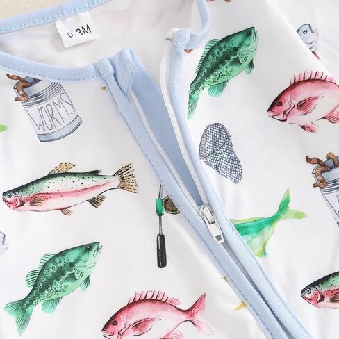 Newborn Baby Girl Boy Fishing Outfit Fish Print Long Sleeve Romper Zipper Jumpsuit Infant Coming Home Clothes in Saudi Arabia