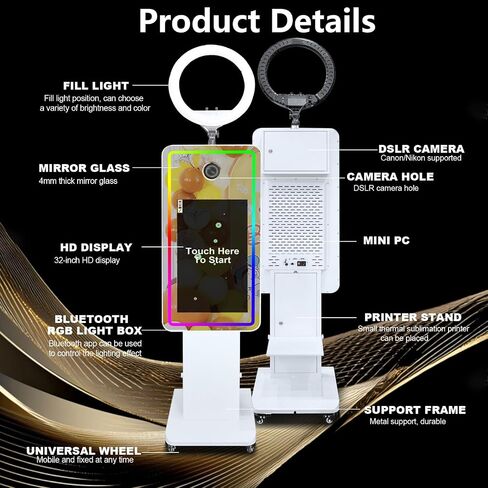 Mirror Photo Booth with 32" Touchscreen, Camera Selfie Photobooth Machine Includes LED RGB Ring Light & Flight Case for Wedding Birthday Graduation Events (Photo Booth + Printer + Camera) in Saudi Arabia