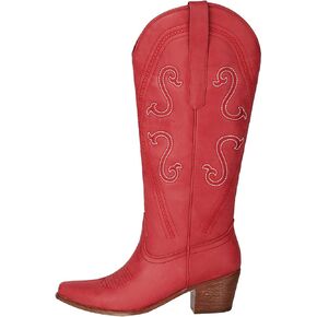 Mid Calf Cowboy Boots Women Pointed Toe Embroidered Cowgirl Boots Mid Heels Western Boot with Side Zipper