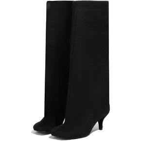 Women's Suede Knee High Boots Square Toe Wide Calf Stiletto Low Heels Fashionable Kitten Heel Pull-On Tall Winter Boots for Ladies