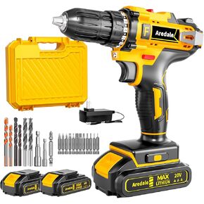 20V Lithium-ion Cordless Drill Set, 3/8-Inch Power Drill with Two Lithium-Ion Batteries, A Charger and A Set of Bits Storage Box Included,Power Tool Set