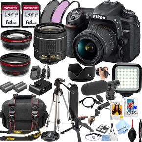 Nikon D7500 DSLR Camera Kit with 18-55mm VR Lens + 128GB Memory, LED Light, Microphone, Spare Battery, Filters, Case, Tripod, and More (45pc Video Bundle) (Renewed)