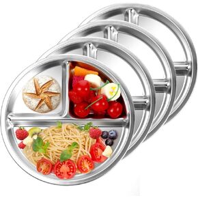 4 Pcs Stainless Steel Kids Plates, 7.8 Inch Metal Round Divided Plate for Adults Toddlers Balance Lunch, Portion Control Platter with 3-Compartment Divided Food Tray for Camping, Picnic, Home
