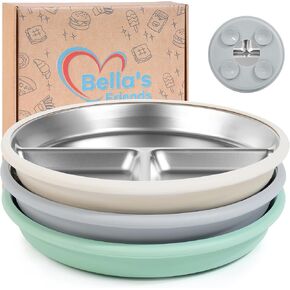 Bella's Friends Stainless Steel Kids Plates 8" Suction Plate for Baby,3 Packs Non-Toxic Divided Toddler Plates,Food-Grade Silicone Plate for Baby,Dishwasher Safe,beige,grey,green