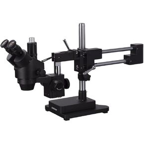 AMSCOPE 7X-45X مجهر تكبير ستيريو ثلاثي الأطوار مع حامل ذراع مزدوج الأسود