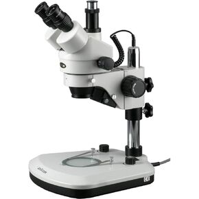 AmScope SM-1TZ-PL Professional Trinocular Stereo Zoom Microscope, WH10x Eyepieces, 3.5X-90X Magnification, 0.7X-4.5X Zoom Objective, Upper and Lower LED Lighting, Large Pillar-Style Table Stand, Includes 0.5X and 2.0X Barlow Lenses